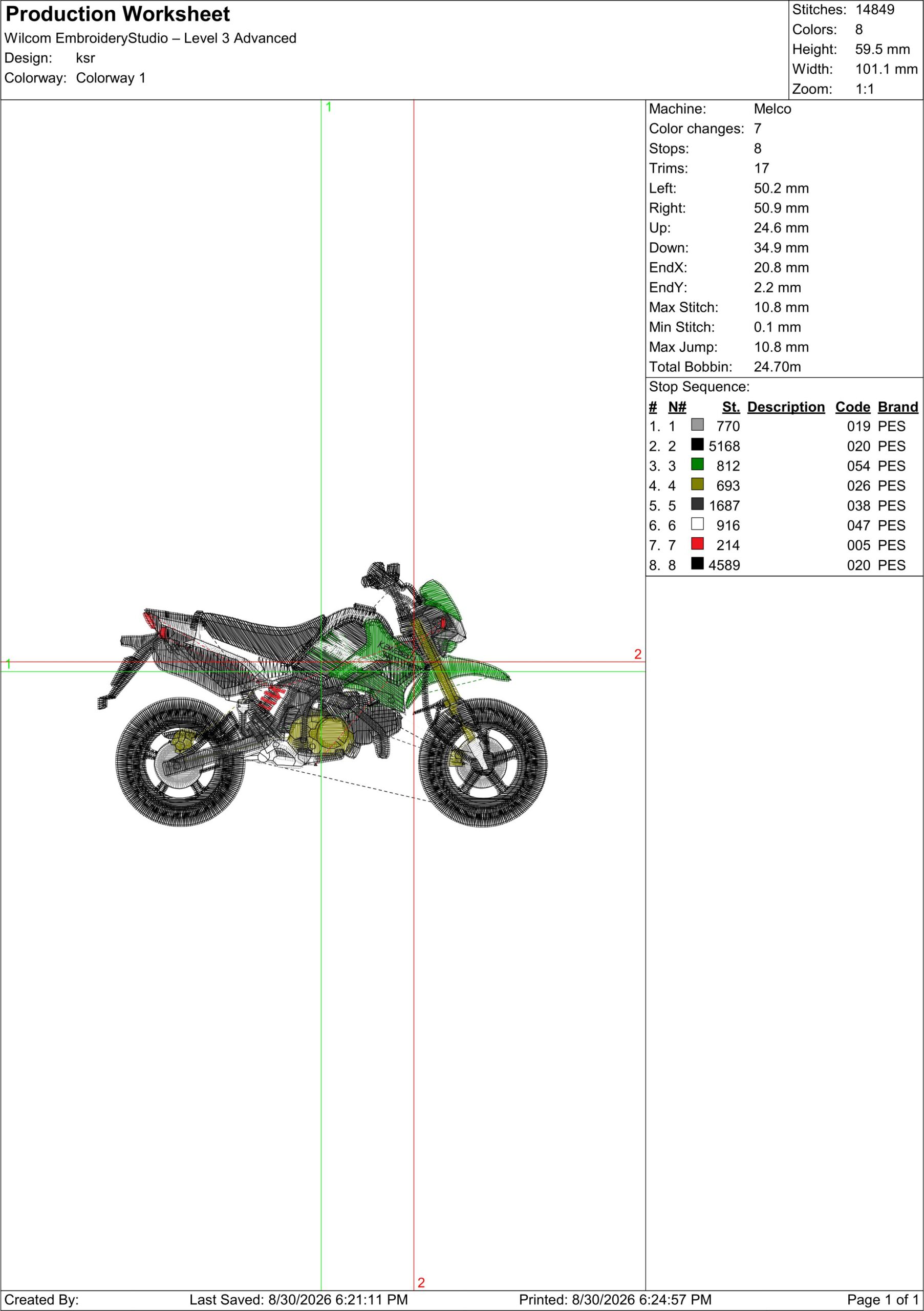 ลายปักรถมอเตอร์ไซค์ KSR สีเขียว KSR Motorcycle Embroidery Design ไฟล์ลายปักคอมพิวเตอร์ - Image 3